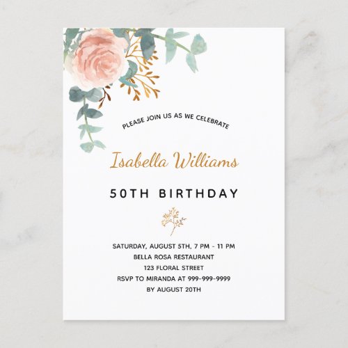 Birthday floral rose gold eucalyptus elegant postcard