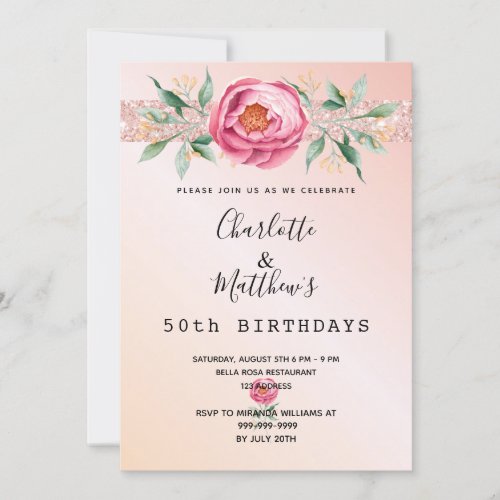 Birthday floral rose gold glitter two persons invitation