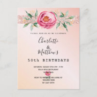 Birthday floral rose gold glitter two persons postcard