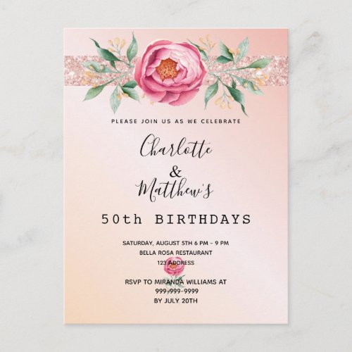 Birthday floral rose gold glitter two persons postcard