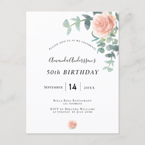 Birthday floral rose gold white greenery elegant postcard