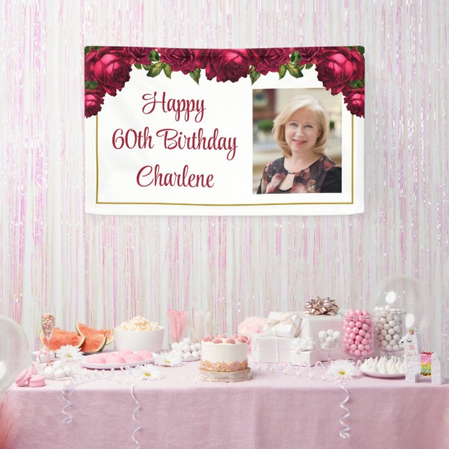Birthday Floral Roses Photo Script Personalized Banner (Party)