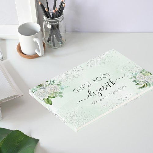 Birthday floral silver glitter greenery name guest book