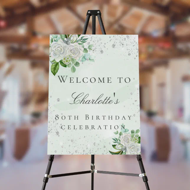 Birthday floral silver glitter greenery welcome foam board | Zazzle