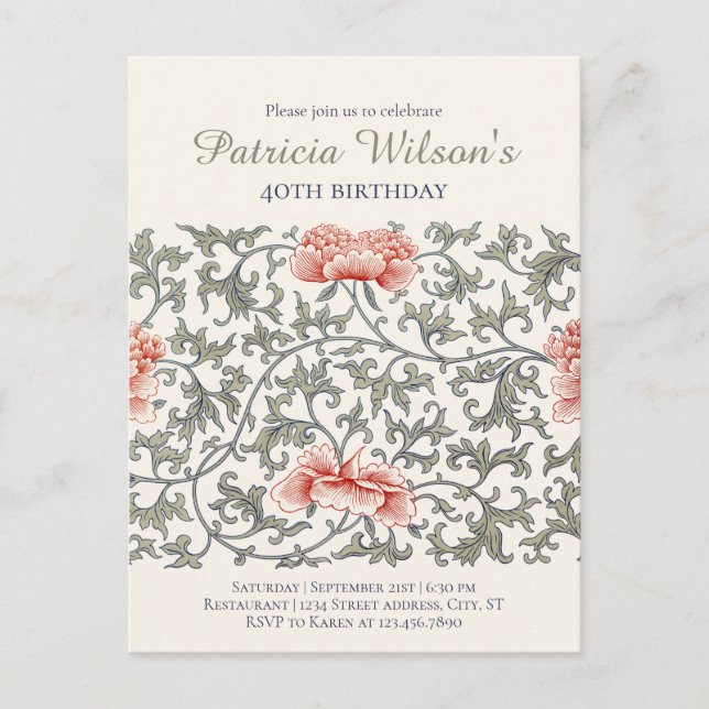 Birthday Floral William Morris style CC1282        Invitation Postcard (Front)