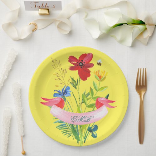  Birthday Floral Yellow Summer Modern Monogram Paper Plates