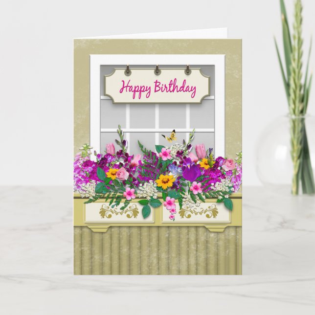 Birthday, Flower Box on Window, Colorful Flowers Card (Front)