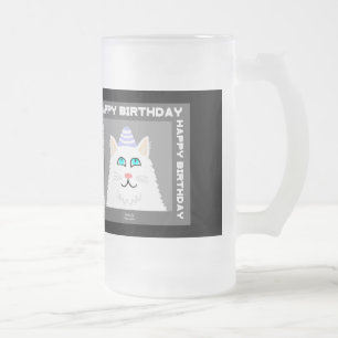 Birthday Fluffy White Cat Frosted Glass Mug
