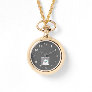 Birthday Fluffy White Cat Gold Necklace Watch