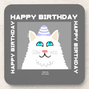 Birthday Fluffy White Cat Hard Plastic Coaster