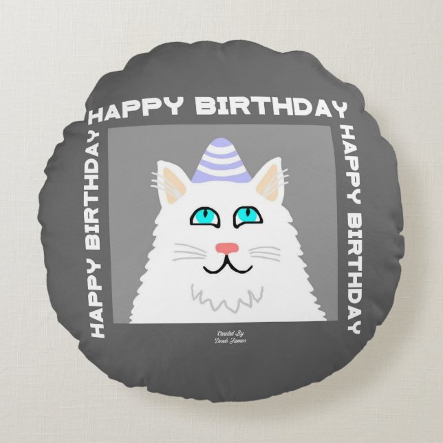 Birthday Fluffy White Cat Round Throw Pillow (Front)