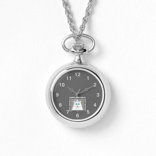 Birthday Fluffy White Cat Silver Necklace Watch (Front)
