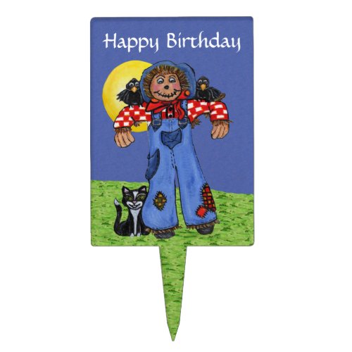 Birthday folk Art Scarecrow cat Crows Moon Cake Topper