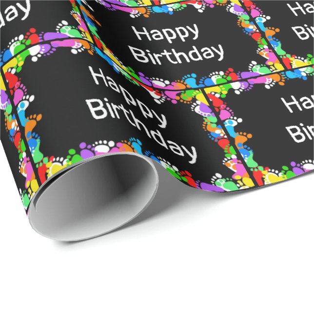 Birthday Footprints on Black  Wrapping Paper (Roll Corner)