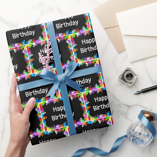 Birthday Footprints on Black   Wrapping Paper (Gifting)