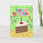 Birthday for Boyfriend Piece of Cake Card<br><div class="desc">Happy Birthday Boyfriend paper greeting card with a colorful illustration of a piece of layered chocolate cake. Bright design with Happy Birthday sign,  confetti,  streamers,  and fireworks. Fun cake puns inside. Art,  image,  and verse copyright © Shoaff Ballanger Studios,  2022.</div>