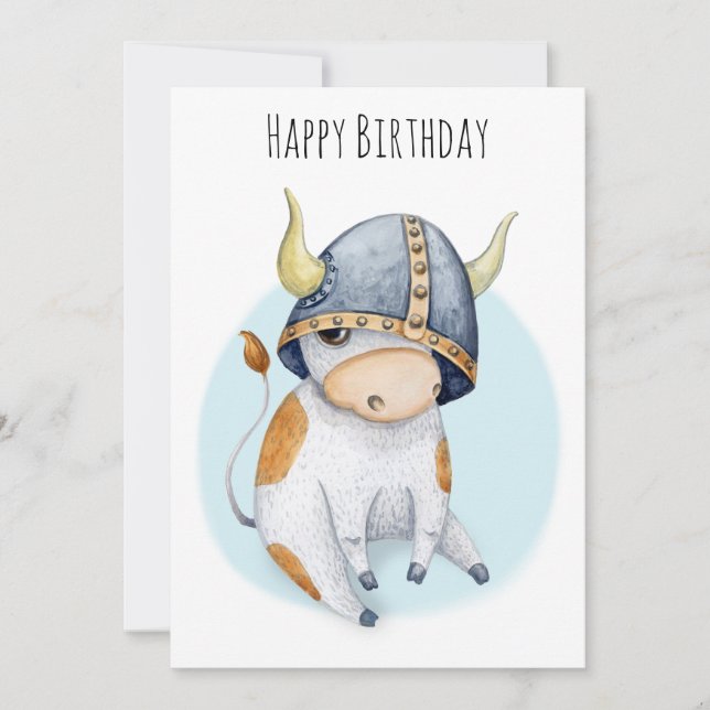 Birthday for Boys Cute Cow Calf in Viking Helmet (Front)