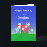 Birthday for Daughter Daisies and Watering Can Card<br><div class="desc">An outdoor 3d scene of a bright red watering can on green grass with daisies and a blue sky. Customizable cover text says "Happy Birthday to a special Daughter". Customizable verse inside.</div>