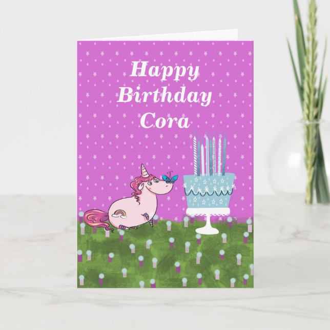 Birthday for Female Child with Cake & Unicorn Card (Front)