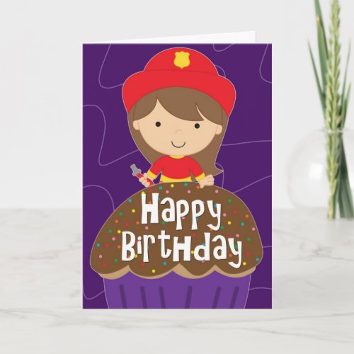 Birthday for Girl _ Little Firefighter and Cupcake Card