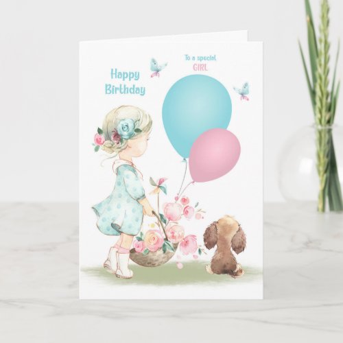 Birthday for Girl Little Girl with Puppy  Card