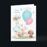 Birthday for Granddaughter Girl and Puppy Card<br><div class="desc">Happy birthday card for a young Granddaughter featuring a sweet little girl carrying a basket full of flowers with 2 balloons,  accompanied by her adorable little brown puppy and blue butterflies.</div>