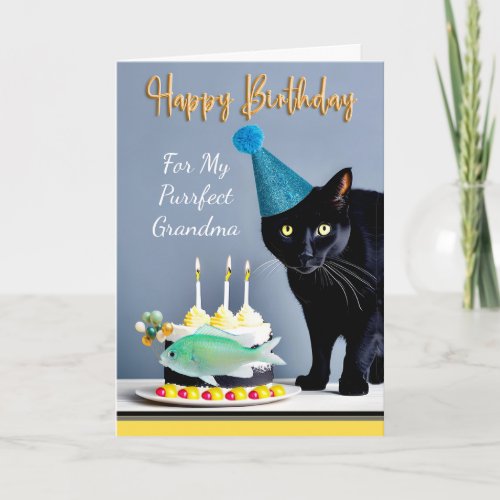 Birthday for Grandma with Black Cat and Cake Card