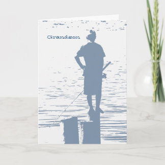 Birthday for grandson, boy fishing from stump. card