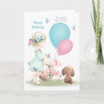 Birthday for Half Sister Little Girl with Puppy Card<br><div class="desc">Happy birthday card for a young half sister,  featuring a sweet little girl carrying a basket full of flowers with 2 balloons,  accompanied by her adorable little brown puppy and blue and pink butterflies.</div>