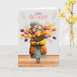 Birthday for Her Cute Old Woman with Tulips Card
