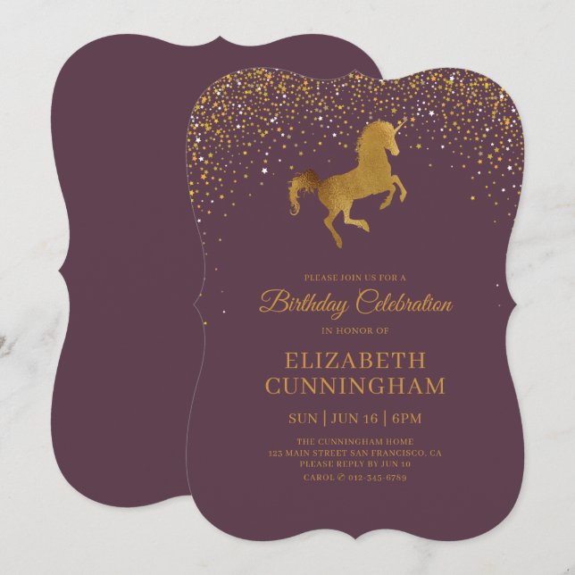 Birthday For Her Faux Gold Glitter Unicorn Invitation (Front/Back)
