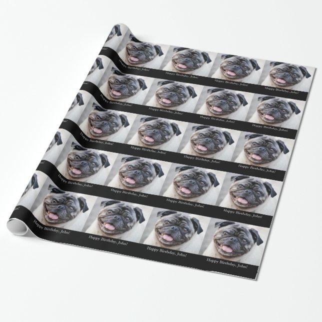Birthday, for John, cute pug, gift wrap. Wrapping Paper (Unrolled)