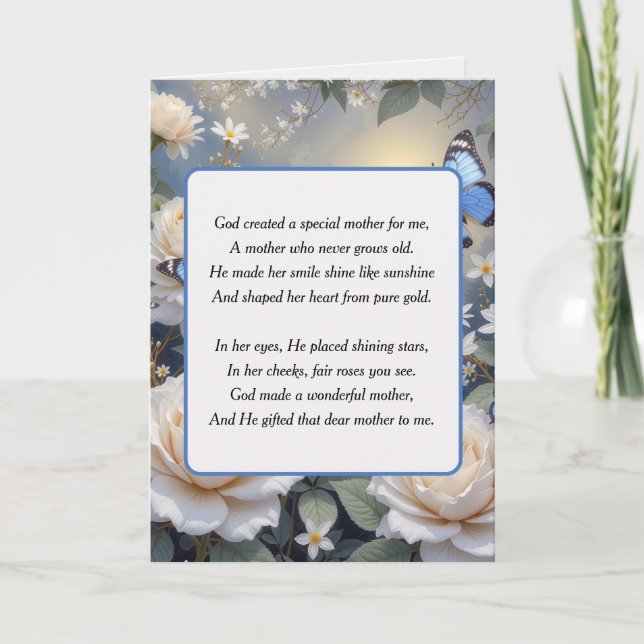 Birthday for Mom Poem Blue Butterflies and Roses Card (Front)
