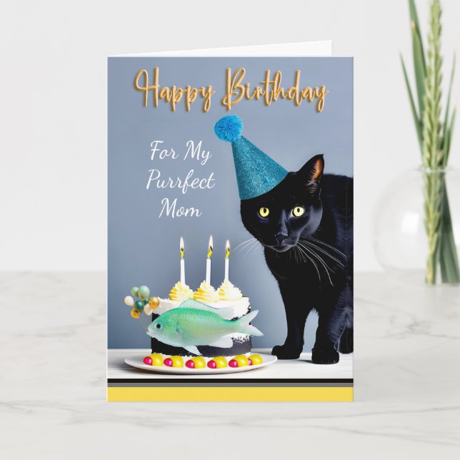 Birthday for Mom with Black Cat and Cake Card (Front)