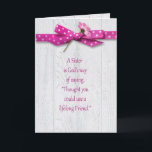 Birthday for Sister Card<br><div class="desc">Pink polka dot bow and flower on rustic barn wood for sister
