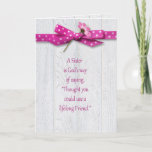 Birthday for Sister Card<br><div class="desc">Pink polka dot bow and flower on rustic barn wood for sister's birthday.</div>