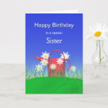 Birthday for Sister Daisies and Watering Can Card<br><div class="desc">Card with my design of a bright red watering can on green grass with daisies and a blue sky. Cover text says "Happy Birthday to a special Sister". Verse inside.</div>