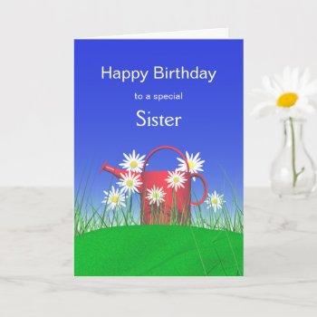 Birthday For Sister Daisies And Watering Can Card by Peerdrops at Zazzle