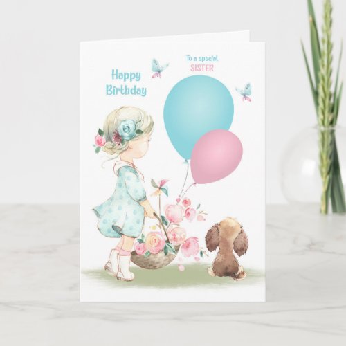 Birthday for Sister Little Girl with Puppy Card
