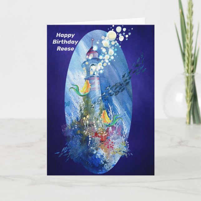 Birthday for Young Girl Lighthouse Sea & Mermaids Card (Front)