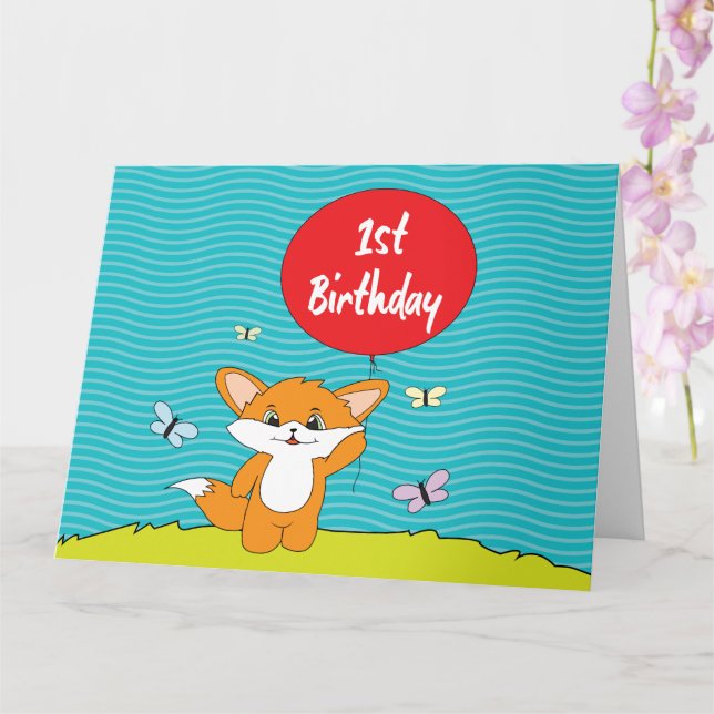 Birthday Fox - 1st Birthday Card (Orchid)
