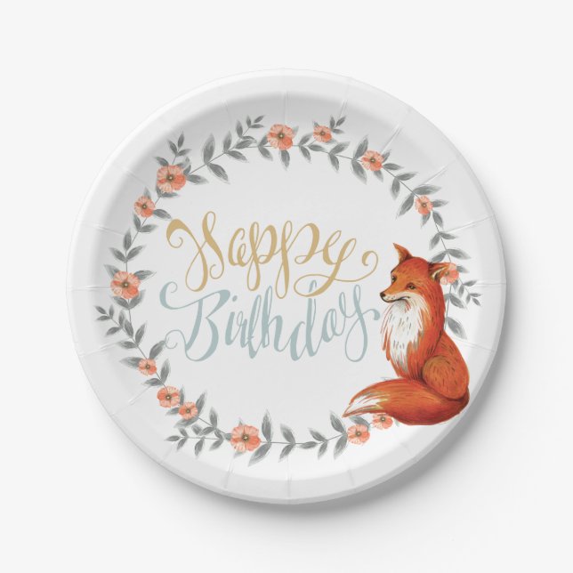 Birthday Fox Wreath Paper Plates (Front)