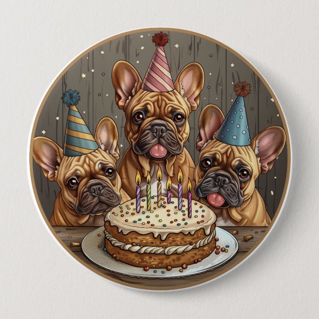 Birthday French Bulldogs Party Hats Button (Front)
