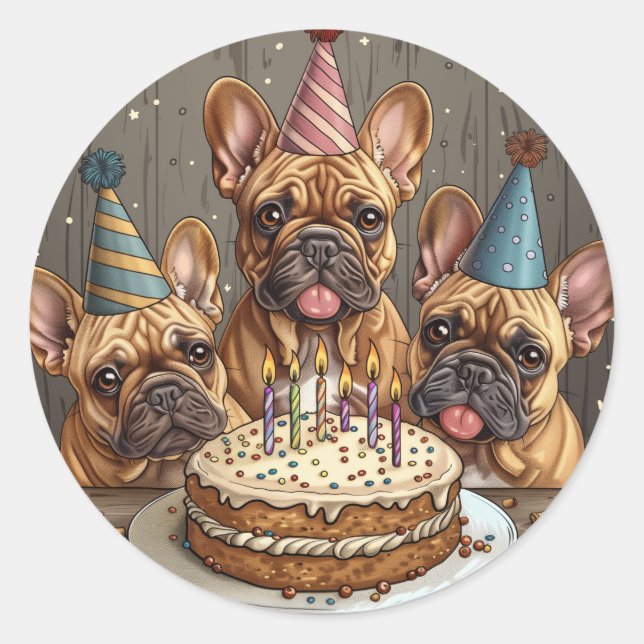 Birthday French Bulldogs Party Hats Classic Round Sticker (Front)