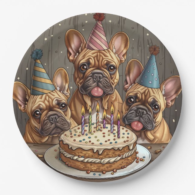 Birthday French Bulldogs Party Hats Paper Plates (Front)