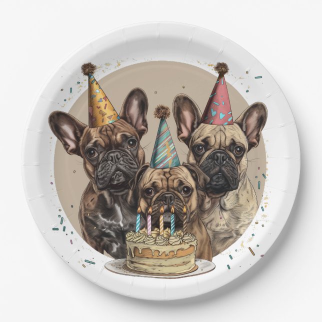 Birthday French Bulldogs Party Hats Paper Plates (Front)