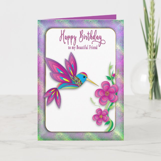Birthday Friend Abstract Colorful Hummingbird Card (Front)