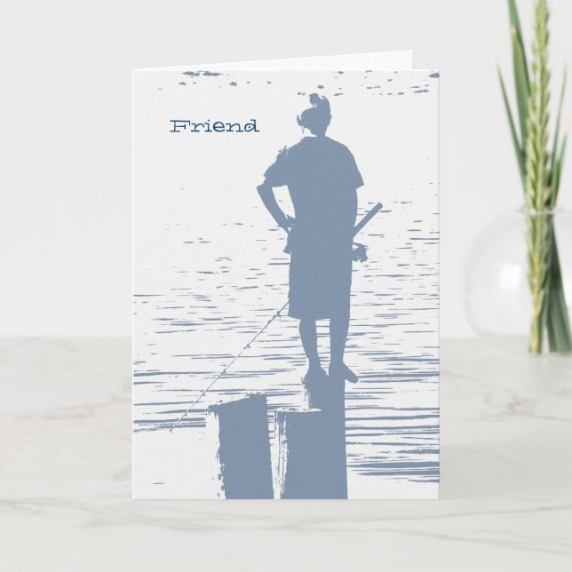 Birthday, friend, boy fishing from stump. card (Front)