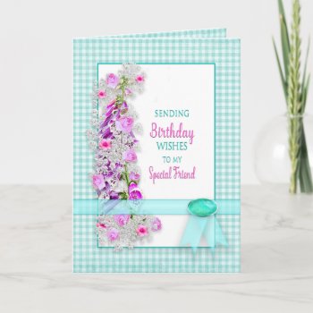 Birthday Friend  Garden Flowers On Gingham Card by TrudyWilkerson at Zazzle