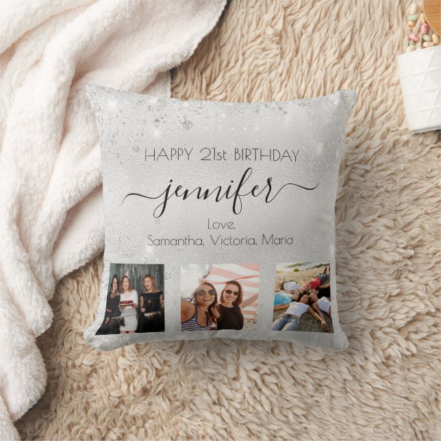 Birthday friend silver glitter photo throw pillow (Blanket)